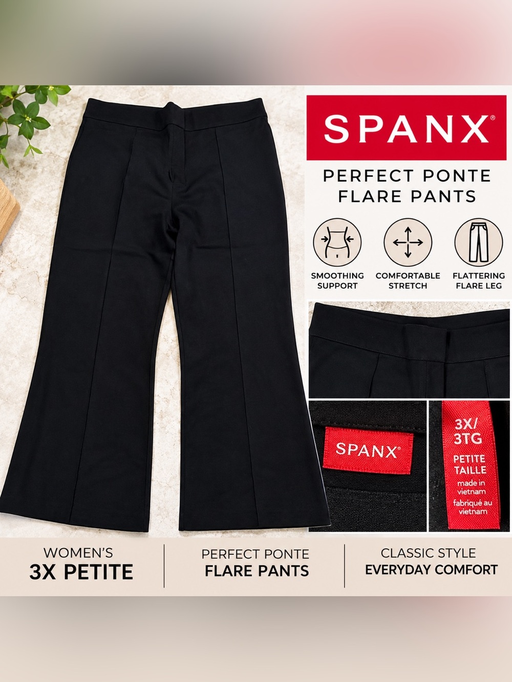 SPANX PerfectFit Ponte Flare Pants Black 3X Petite NWT